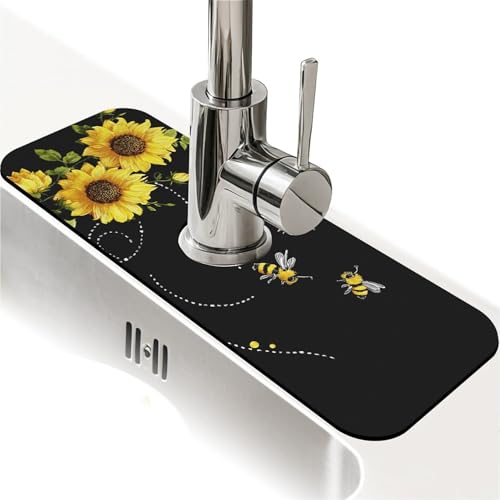 Spritzschutz für Küchenspüle, Sonnenblumen und Bienen, Wasserhahnmatte, Spülbecken-Gadgets, super saugfähig, schnell trocknende Matte, Tropffänger für Küche, Bad, Spülbeckenmatte, Geschirrabtropfmatte von ZHUZHISHAN