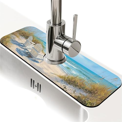 Spritzschutz für Küchenspüle, Strandszene, Wasserhahnmatte, Spülbecken-Gadgets, super saugfähig, schnell trocknende Matte, Tropfenfänger für Küche, Bad, Spülbeckenmatte, Geschirr-Abtropfmatte von ZHUZHISHAN