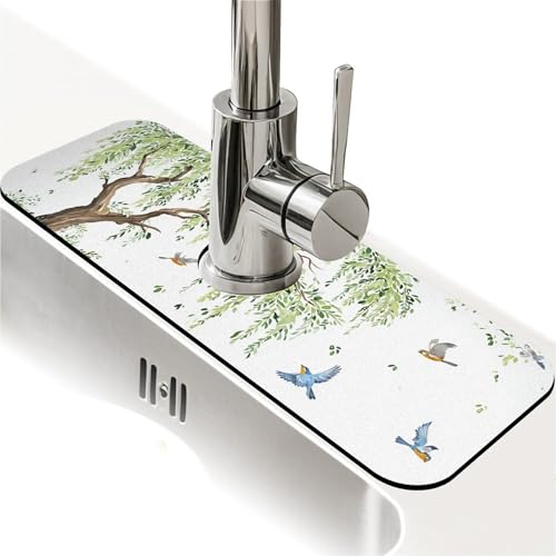 Spritzschutz für Küchenspüle, Weidenbaum, Wasserhahnmatte, Spülbecken-Gadgets, super saugfähig, schnell trocknende Matte, Tropfenfänger für Küche, Bad, Spülbeckenmatte, Geschirrabtropfmatte von ZHUZHISHAN