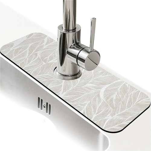 Spritzschutz für Küchenspüle, Weiß und Beige, Blatt-Wasserhahnmatte, Spülbecken-Gadgets, super saugfähig, schnell trocknende Matte, Tropffänger für Küche, Bad, Spülbeckenmatte, Geschirrabtropfmatte von ZHUZHISHAN