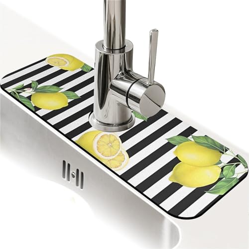 Spritzschutz für Küchenspüle, Zitrone und Streifen, Wasserhahnmatte, Spülbecken-Gadgets, super saugfähig, schnell trocknende Matte, Tropfenfänger für Küche, Bad, Spülbeckenmatte, Geschirrabtropfmatte von ZHUZHISHAN