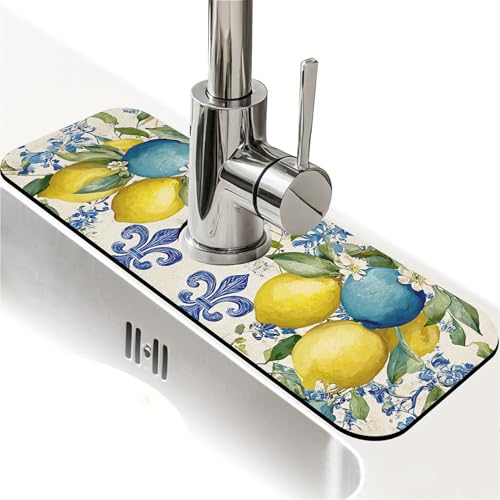 Spritzschutz für Küchenspüle, blaue und gelbe Zitronen, Wasserhahnmatte, Spülbecken-Gadgets, super saugfähig, schnell trocknende Matte, Tropffänger für Küche, Bad, Spülbeckenmatte von ZHUZHISHAN