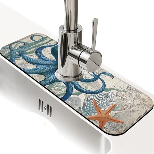 Spritzschutz für Küchenspüle, blauer Oktopus, Wasserhahnmatte, Spülbecken-Gadgets, super saugfähig, schnell trocknende Matte, Tropfenfänger für Küche, Bad, Spülbeckenmatte, Geschirr-Abtropfmatte von ZHUZHISHAN