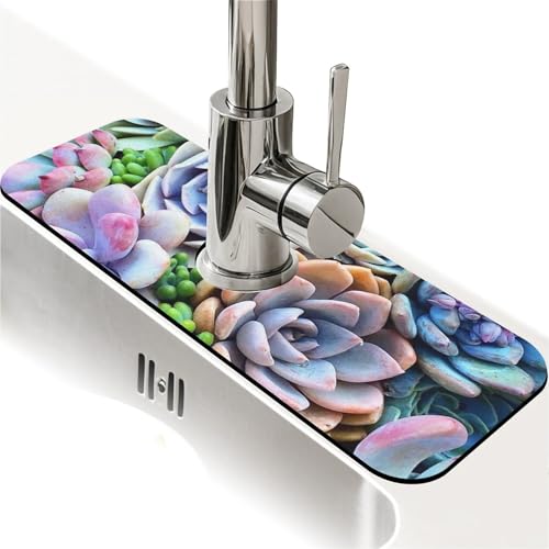 Spritzschutz für Küchenspüle, bunte Pflanzen, Sukkulenten, Wasserhahnmatte, Spülbecken-Gadgets, super saugfähig, schnell trocknende Matte, Tropffänger für Küche, Bad, Spülbeckenmatte von ZHUZHISHAN
