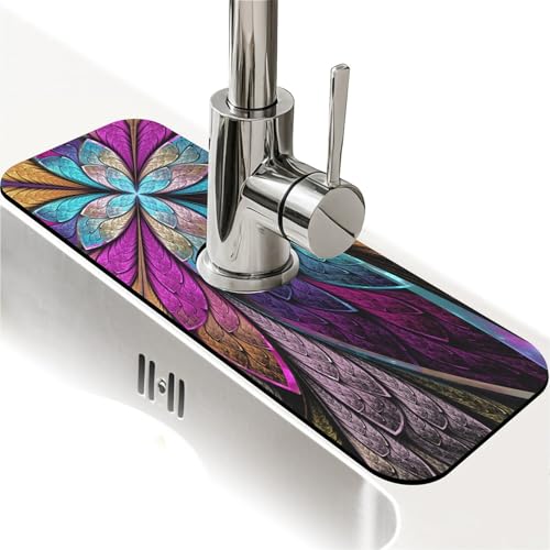 Spritzschutz für Küchenspüle, bunte fraktale Glasblumen, Wasserhahnmatte, Spülbecken-Gadgets, super saugfähig, schnell trocknende Matte, Tropfenfänger für Küche, Bad, Spülbeckenmatte von ZHUZHISHAN