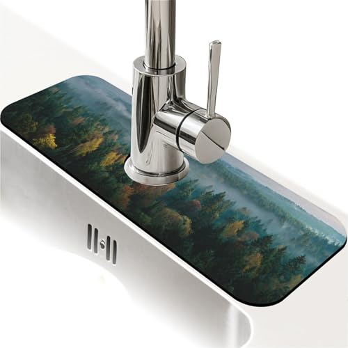 Spritzschutz für Küchenspüle, dichter Wald, Wasserhahnmatte, Spülbecken-Gadgets, super saugfähig, schnell trocknende Matte, Tropffänger für Küche, Bad, Spülbeckenmatte, Abtropfmatte, Badezimmer (38,1 von ZHUZHISHAN