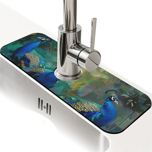Spritzschutz für Küchenspüle, drei Pfauen, Wasserhahnmatte, Spülbecken-Gadgets, super saugfähig, schnell trocknende Matte, Tropfenfänger für Küche, Badezimmer, Spülbeckenmatte, Geschirrabtropfmatte von ZHUZHISHAN