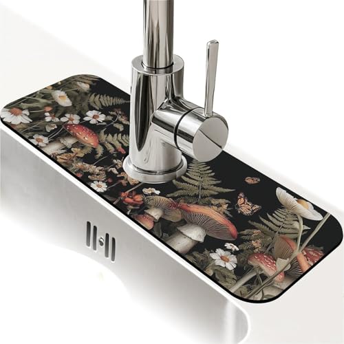 Spritzschutz für Küchenspüle, dunkle Pilze und Schmetterlinge, Wasserhahnmatte, Spülbecken-Gadgets, super saugfähig, schnell trocknende Matte, Tropffänger für Küche, Bad, Waschbeckenmatte von ZHUZHISHAN