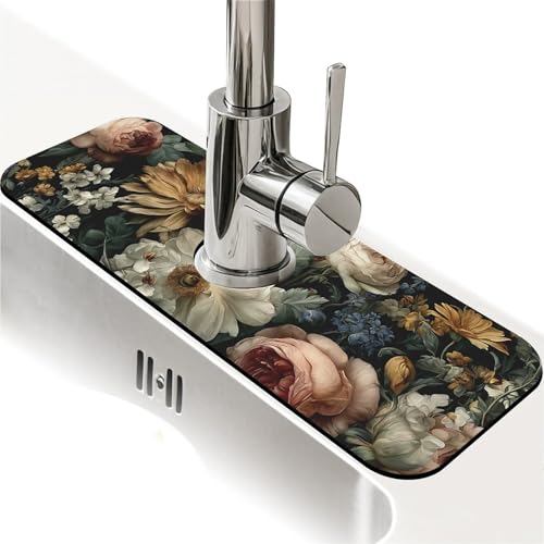 Spritzschutz für Küchenspüle, dunkles Blumenmuster, Spülbecken-Gadgets, super saugfähig, schnell trocknende Matte, Tropfenfänger für Küche, Bad, Spülbeckenmatte, Geschirrabtropfmatte, Badezimmer (38,1 von ZHUZHISHAN