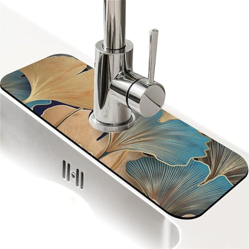 Spritzschutz für Küchenspüle, goldfarbenes Ginkgo-Blatt, Wasserhahnmatte, Spülbecken-Gadgets, super saugfähig, schnell trocknende Matte, Tropfenfänger für Küche, Bad, Spülbeckenmatte von ZHUZHISHAN