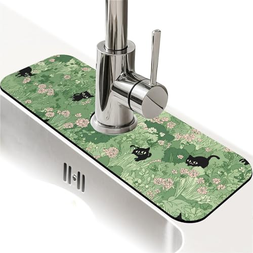 Spritzschutz für Küchenspüle, kleine Katzen und Blumen, Wasserhahnmatte, Spülbecken-Gadgets, super saugfähig, schnell trocknende Matte, Tropffänger für Küche, Badezimmer, Spülbeckenmatte von ZHUZHISHAN