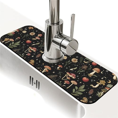 Spritzschutz für Küchenspüle, kleine Pilze, Blumen, Wasserhahnmatte, Spülbecken-Gadgets, super saugfähig, schnell trocknende Matte, Tropffänger für Küche, Bad, Waschbeckenmatte, Geschirrabtropfmatte von ZHUZHISHAN