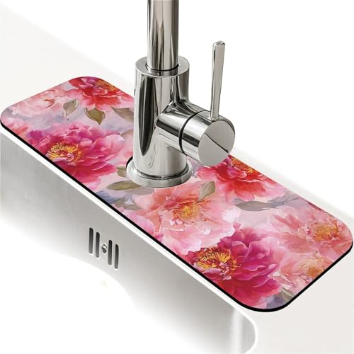 Spritzschutz für Küchenspüle, lebendige Aquarell-Pfingstrosen, Wasserhahnmatte, Spülbecken-Gadgets, super saugfähig, schnell trocknende Matte, Tropffänger für Küche, Bad, Waschbeckenmatte von ZHUZHISHAN