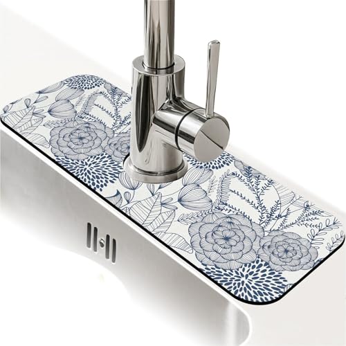 Spritzschutz für Küchenspüle, marineblaue Blumen-Wasserhahn-Matte, Spülbecken-Gadgets, super saugfähig, schnell trocknende Matte, Tropfenfänger für Küche, Bad, Spülbeckenmatte, Geschirr-Abtropfmatte von ZHUZHISHAN