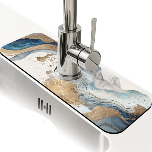 Spritzschutz für Küchenspüle, natürlicher blauer und goldener Marmor, Wasserhahnmatte, Spülbecken-Gadgets, super saugfähig, schnell trocknende Matte, Tropfenfänger für Küche, Bad, Spülbeckenmatte von ZHUZHISHAN