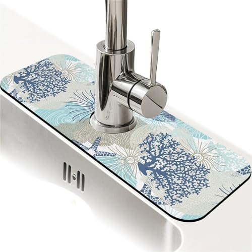 Spritzschutz für Küchenspüle, niedliche Korallen und Muscheln, Wasserhahnmatte, Spülbecken-Gadgets, super saugfähig, schnell trocknende Matte, Tropffänger für Küche, Bad, Waschbeckenmatte von ZHUZHISHAN