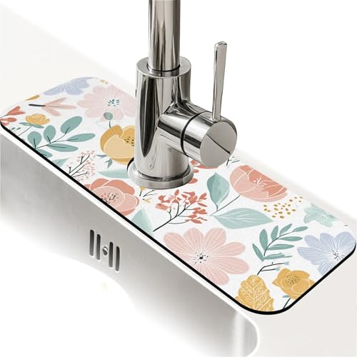 Spritzschutz für Küchenspüle, pastellfarbene Blumen und Blätter, Wasserhahnmatte, Spülbecken-Gadgets, super saugfähig, schnell trocknende Matte, Tropfenfänger für Küche, Bad, Spülbeckenmatte Spritzschutz für Küchenspüle, pastellfarbene Blumen und Blätter, Wasserhahnmatte, Spülbecken-Gadgets, super saugfähig, schnell trocknende Matte, Tropfenfänger für Küche, Bad, Spülbeckenmatte von ZHUZHISHAN