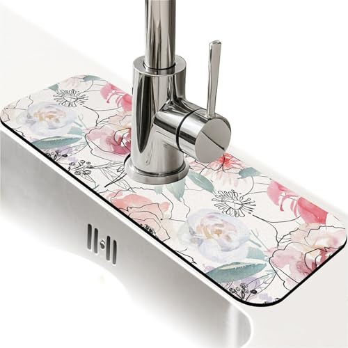 Spritzschutz für Küchenspüle, rosa Aquarell-Pfingstrosen, Wasserhahnmatte, Spülbecken-Gadgets, super saugfähig, schnell trocknende Matte, Tropffänger für Küche, Bad, Waschbeckenmatte von ZHUZHISHAN