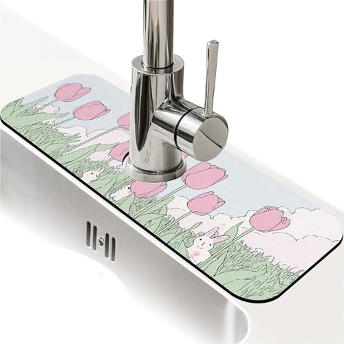 Spritzschutz für Küchenspüle, rosa Tulpen, weiße Kaninchen, Wasserhahnmatte, Spülbecken-Gadgets, super saugfähig, schnell trocknende Matte, Tropffänger für Küche, Bad, Waschbeckenmatte von ZHUZHISHAN