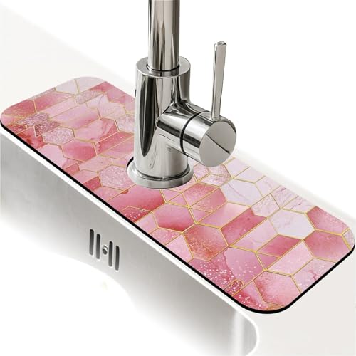Spritzschutz für Küchenspüle, rosa und goldfarben, geometrische Wasserhahnmatte, Spülbecken-Gadgets, super saugfähig, schnell trocknende Matte, Tropffänger für Küche, Bad, Spülbeckenmatte von ZHUZHISHAN