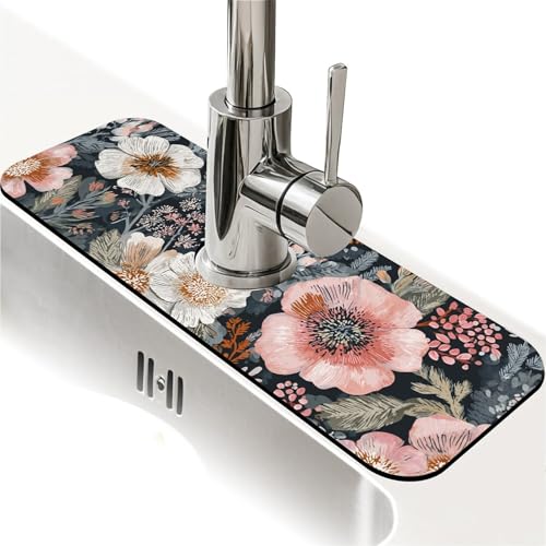 Spritzschutz für Küchenspüle, rosa und orangefarbene Blumen, Wasserhahnmatte, Spülbecken-Gadgets, super saugfähig, schnell trocknende Matte, Tropfenfänger für Küche, Bad, Spülbeckenmatte Spritzschutz für Küchenspüle, rosa und orangefarbene Blumen, Wasserhahnmatte, Spülbecken-Gadgets, super saugfähig, schnell trocknende Matte, Tropfenfänger für Küche, Bad, Spülbeckenmatte von ZHUZHISHAN
