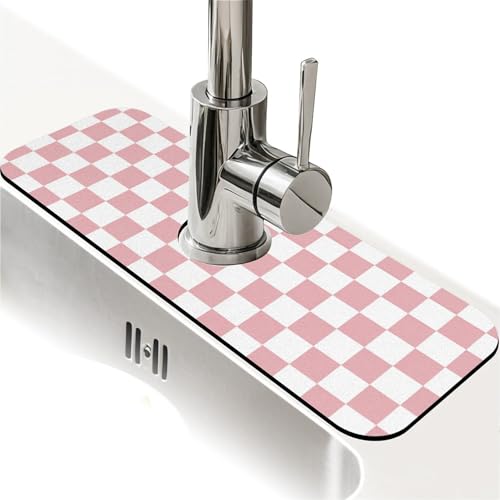 Spritzschutz für Küchenspüle, rosa und weiß kariert, Wasserhahnmatte, Spülbecken-Gadgets, super saugfähig, schnell trocknende Matte, Tropffänger für Küche, Bad, Spülbeckenmatte, Geschirrabtropfmatte von ZHUZHISHAN