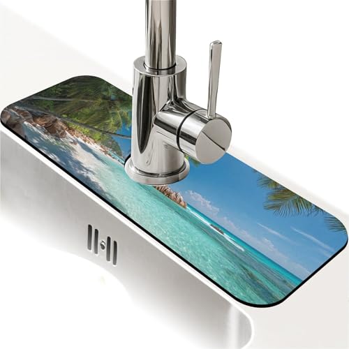 Spritzschutz für Küchenspüle, schöne Strand-Wasserhahn-Matte, Spülbecken-Gadgets, super saugfähig, schnell trocknende Matte, Tropfenfänger für Küche, Bad, Spülbeckenmatte, Abtropfmatte, Badezimmer von ZHUZHISHAN