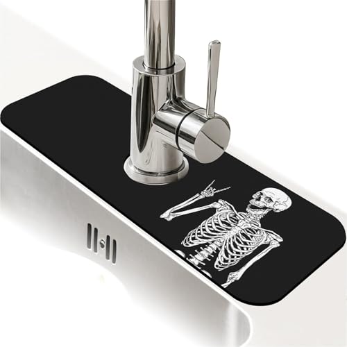 Spritzschutz für Küchenspüle, schwarz, lustiger Totenkopf-Wasserhahn, Spülbecken-Gadgets, super saugfähig, schnell trocknende Matte, Tropfenfänger für Küche, Bad, Spülbeckenmatte, Geschirrabtropfmatte von ZHUZHISHAN