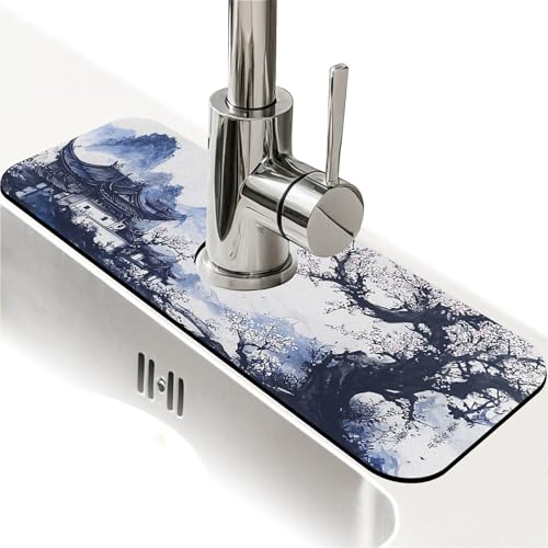 Spritzschutz für Küchenspüle, schwarz-weiße Tinte, Landschaft, Wasserhahnmatte, Spülbecken-Gadgets, super saugfähig, schnell trocknende Matte, Tropfenfänger für Küche, Bad, Spülbeckenmatte von ZHUZHISHAN