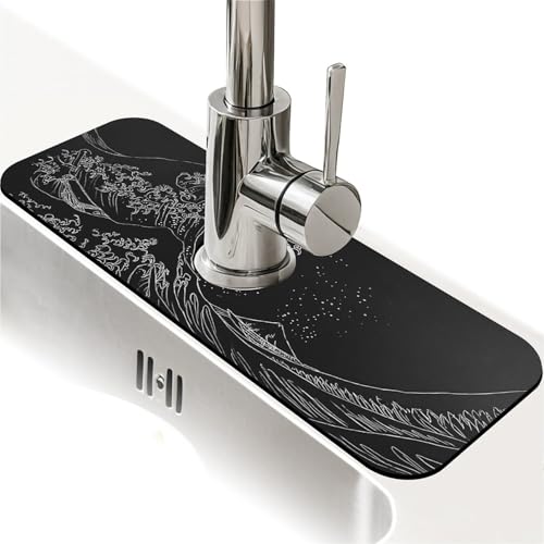 Spritzschutz für Küchenspüle, schwarze und weiße Linienwellen, Wasserhahnmatte, Spülbecken-Gadgets, super saugfähig, schnell trocknende Matte, Tropffänger für Küche, Bad, Waschbeckenmatte von ZHUZHISHAN