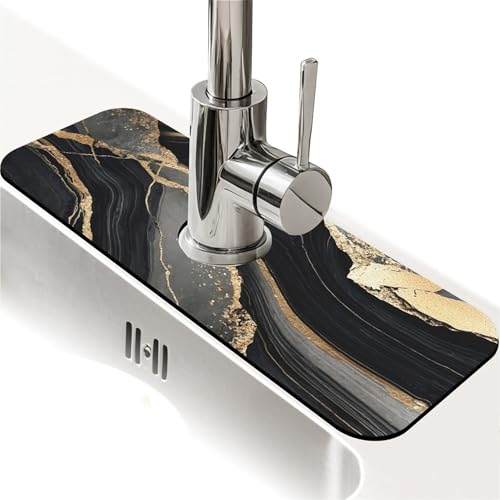 Spritzschutz für Küchenspüle, schwarzer Marmor mit goldenem Wasserhahn, Spülbecken-Gadgets, super saugfähig, schnell trocknende Matte, Tropfenfänger für Küche, Bad, Spülbeckenmatte Spritzschutz für Küchenspüle, schwarzer Marmor mit goldenem Wasserhahn, Spülbecken-Gadgets, super saugfähig, schnell trocknende Matte, Tropfenfänger für Küche, Bad, Spülbeckenmatte von ZHUZHISHAN