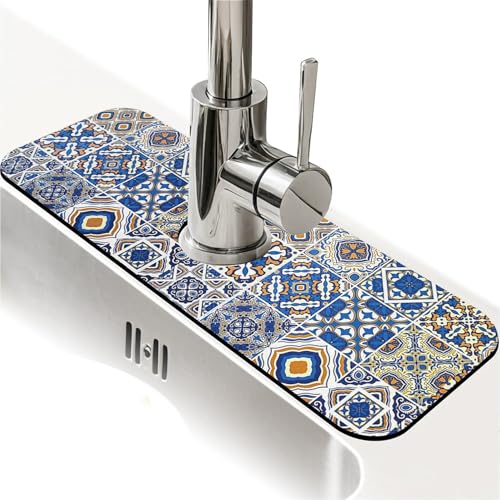 Spritzschutz für Küchenspüle, traditionelle marokkanische Fliesen, Wasserhahnmatte, Spülbecken-Gadgets, super saugfähig, schnell trocknende Matte, Tropfenfänger für Küche, Bad, Spülbeckenmatte von ZHUZHISHAN
