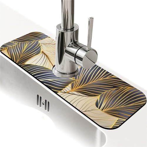 Spritzschutz für Küchenspüle, viele goldene Blätter, Wasserhahnmatte, Spülbecken-Gadgets, super saugfähig, schnell trocknende Matte, Tropfenfänger für Küche, Bad, Spülbeckenmatte, Geschirrabtropfmatte von ZHUZHISHAN