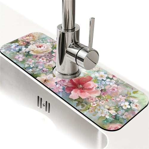 Spritzschutz für Küchenspüle, weiche Aquarell-Blumenarmaturmatte, Spülbecken-Gadgets, super saugfähig, schnell trocknende Matte, Tropffänger für Küche, Bad, Spülbeckenmatte, Abtropfmatte, Badezimmer Spritzschutz für Küchenspüle, weiche Aquarell-Blumenarmaturmatte, Spülbecken-Gadgets, super saugfähig, schnell trocknende Matte, Tropffänger für Küche, Bad, Spülbeckenmatte, Abtropfmatte, Badezimmer von ZHUZHISHAN