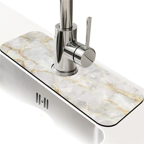Spritzschutz für Küchenspüle, weiß-goldener Marmor-Wasserhahn, Spülbecken-Gadgets, super saugfähig, schnell trocknende Matte, Tropfenfänger für Küche, Bad, Spülbeckenmatte, Geschirr-Abtropfmatte von ZHUZHISHAN