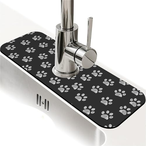 Spritzschutz für Küchenspüle, weiße Kritzelei-Pfotenabdrücke, Wasserhahnmatte, Spüle, Gadgets, super saugfähig, schnell trocknende Matte, Tropffänger für Küche, Bad, Spülbeckenmatte von ZHUZHISHAN