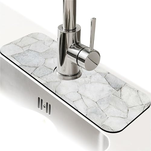 Spritzschutz für Küchenspüle, weiße Steinwand, Wasserhahnmatte, Spülbecken-Gadgets, super saugfähig, schnell trocknende Matte, Tropfenfänger für Küche, Bad, Spülbeckenmatte, Geschirrabtropfmatte von ZHUZHISHAN
