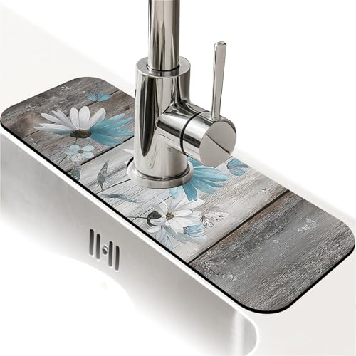 Spritzschutz für Küchenspüle, weiße und blaue Gänseblümchen, Wasserhahnmatte, Spülbecken-Gadgets, super saugfähig, schnell trocknende Matte, Tropffänger für Küche, Bad, Spülbeckenmatte von ZHUZHISHAN