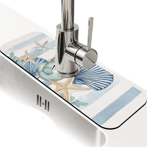 Spritzschutz für die Küchenspüle, Kunstmuscheln, Seestern-Wasserhahnmatte, Spülbecken-Gadgets, super saugfähig, schnell trocknende Matte, Tropfenfänger für Küche, Badezimmer, Spülbeckenmatte von ZHUZHISHAN