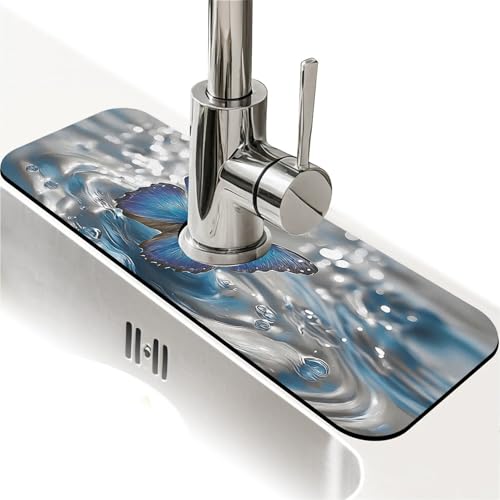 Spritzschutz für die Küchenspüle, ein blauer Schmetterlings-Wasserhahn, Küchenutensilien, super saugfähig, schnell trocknende Matte, Tropffänger für Küche, Bad, Spülbeckenmatte, Abtropfmatte von ZHUZHISHAN