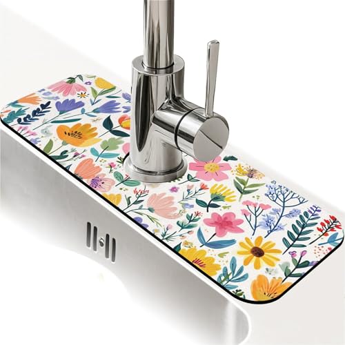 Spritzschutz für die Küchenspüle, niedlicher Frühlingsblumen-Wasserhahn, Küchenutensilien, super saugfähig, schnell trocknende Matte, Tropffänger für Küche, Bad, Spülbeckenmatte, Abtropfmatte von ZHUZHISHAN