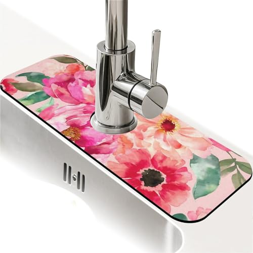Spritzschutz für die Küchenspüle, rosa Blumen-Aquarell, Wasserhahnmatte, Spülbecken-Gadgets, super saugfähig, schnell trocknende Matte, Tropfenfänger für Küche, Bad, Spülbeckenmatte Spritzschutz für die Küchenspüle, rosa Blumen-Aquarell, Wasserhahnmatte, Spülbecken-Gadgets, super saugfähig, schnell trocknende Matte, Tropfenfänger für Küche, Bad, Spülbeckenmatte von ZHUZHISHAN