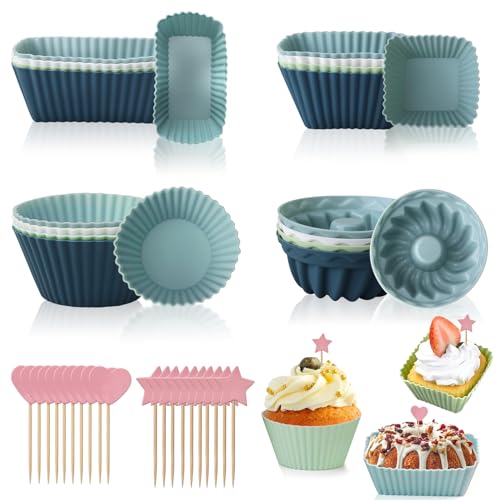 Silikon Muffinförmchen Set, 16 Stück Wiederverwendbare Silikon Muffinform Backformen, Cupcake Silikon Backförmchen, Antihaft Beschichtete Muffin Silikonform mit 20 Cupcake Toppers für Pudding von ZHXGO