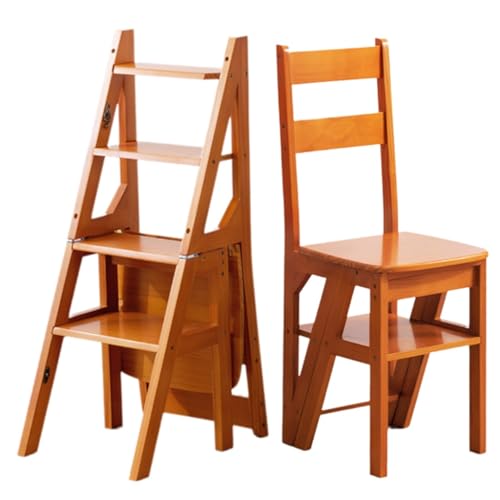 4 Tier Folding Ladder Chair 2-in-1 Wood Multi-Functional Step Stool Large Capacity Display and Storage Shelf for Home Library Kitchen(Honey Color (Upgraded)) von ZHXQRP
