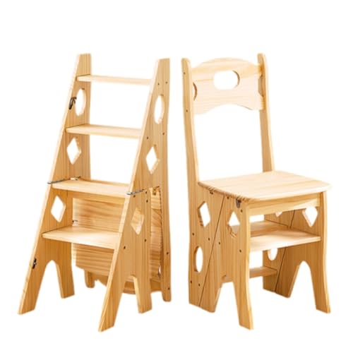 4 Tier Folding Ladder Chair 2-in-1 Wood Multi-Functional Step Stool Large Capacity Display and Storage Shelf for Home Library Kitchen(Original Wood Color (Classic)) von ZHXQRP