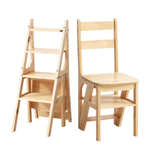 4 Tier Folding Ladder Chair 2-in-1 Wood Multi-Functional Step Stool Large Capacity Display and Storage Shelf for Home Library Kitchen(Original Wood Color (Upgraded)) von ZHXQRP