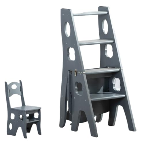 4 Tier Folding Step Ladder 3-in-1 Wooden Chair Portable Multi-Function Step Stool 265 lbs Capacity Display Flower Rack for Library Home Kitchen(Starry Gray) von ZHXQRP