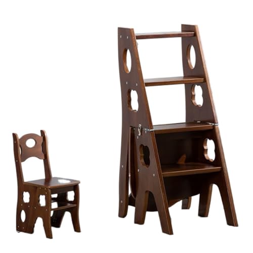 4 Tier Folding Step Ladder 3-in-1 Wooden Chair Portable Multi-Function Step Stool 265 lbs Capacity Display Flower Rack for Library Home Kitchen(Dark Brown) von ZHXQRP