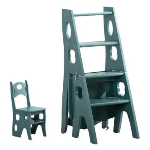 ZHXQRP 4 Tier Folding Step Ladder 3-in-1 Wooden Chair Portable Multi-Function Step Stool 265 lbs Capacity Display Flower Rack for Library Home Kitchen(Gray Green) von ZHXQRP