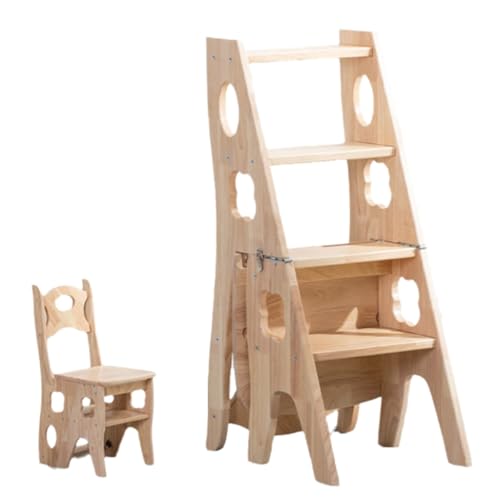 ZHXQRP 4 Tier Folding Step Ladder 3-in-1 Wooden Chair Portable Multi-Function Step Stool 265 lbs Capacity Display Flower Rack for Library Home Kitchen(Natural) von ZHXQRP